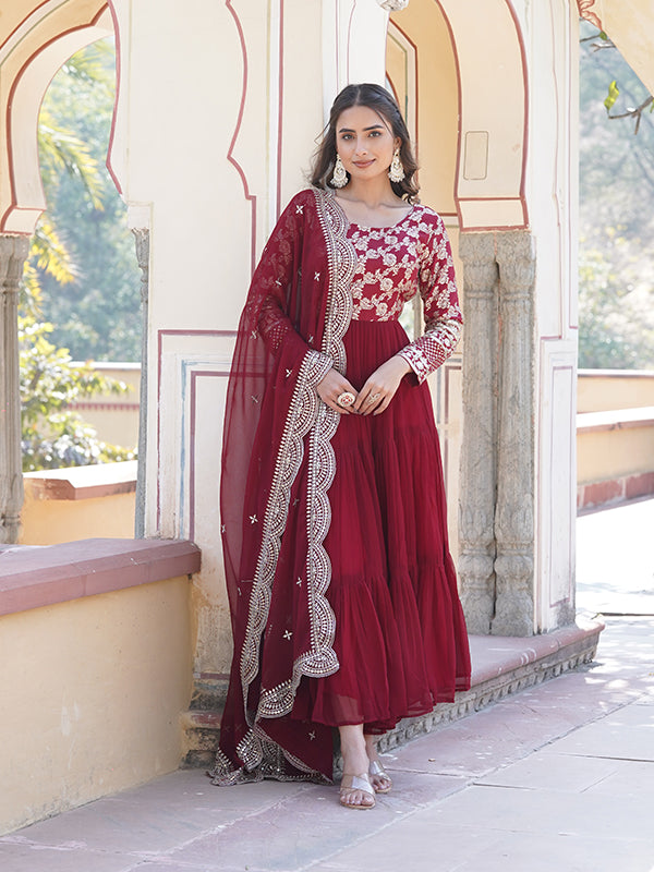 Maroon Viscose Sequins Embroidered Work Gown With Dupatta