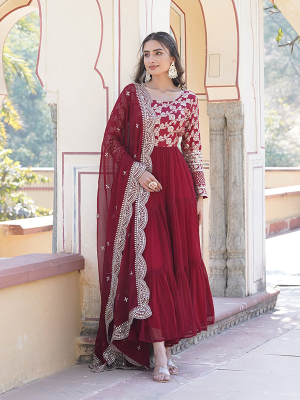 Maroon Viscose Sequins Embroidered Work Gown With Dupatta