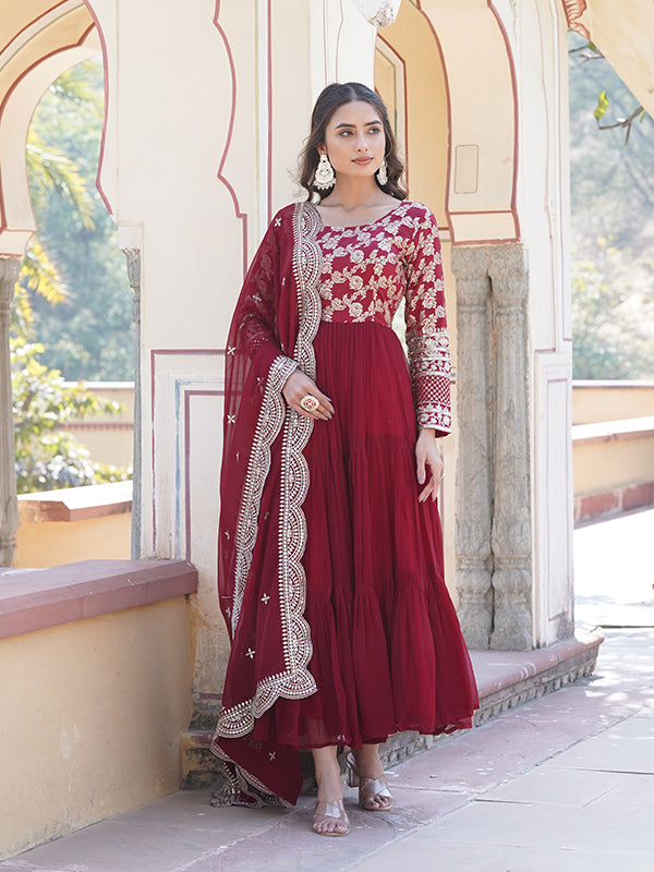 Maroon Viscose Sequins Embroidered Work Gown With Dupatta