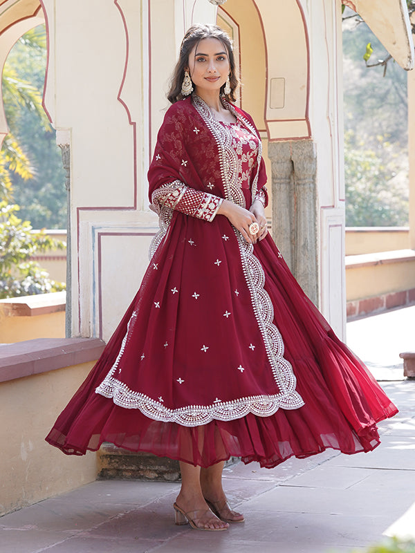 Maroon Viscose Sequins Embroidered Work Gown With Dupatta