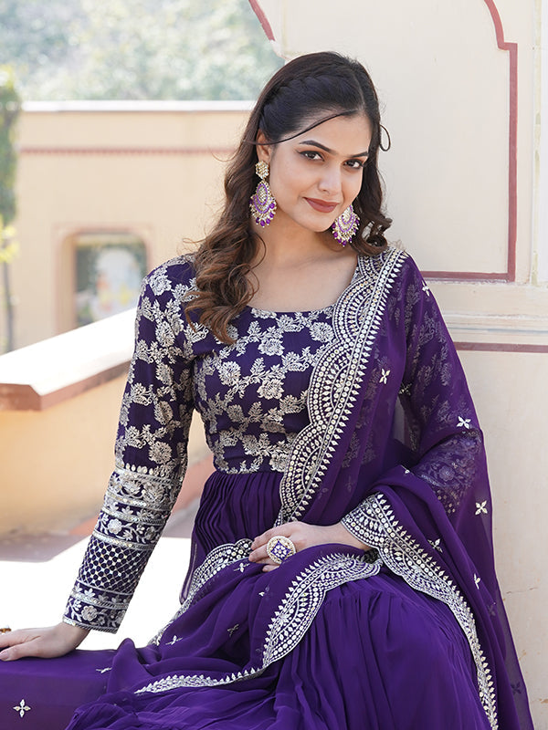 Purple Viscose Sequins Embroidered Work Gown With Dupatta