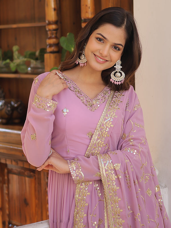 Light Pink Faux Georgette with Embroidered Work Gown With Dupatta