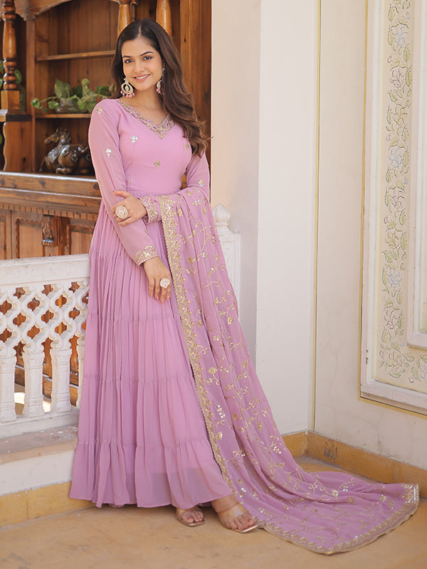 Light Pink Faux Georgette with Embroidered Work Gown With Dupatta