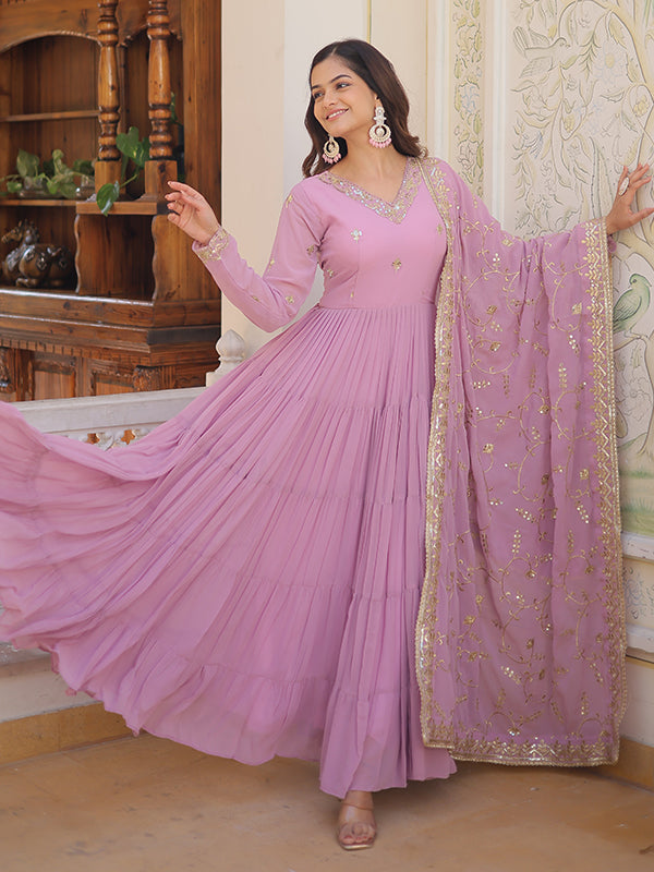 Light Pink Faux Georgette with Embroidered Work Gown With Dupatta