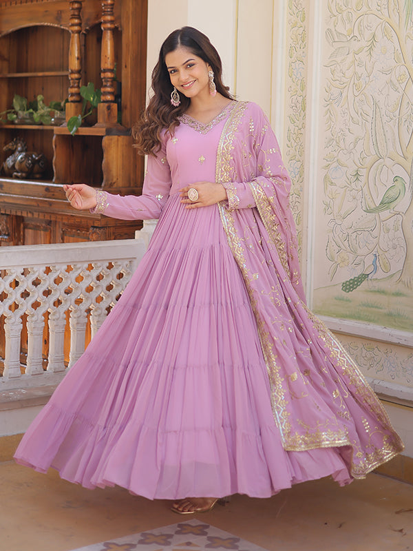 Light Pink Faux Georgette with Embroidered Work Gown With Dupatta