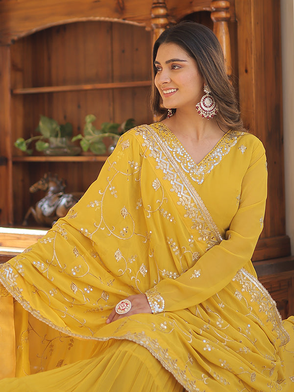 Yellow Faux Georgette with Embroidered Work Gown With Dupatta