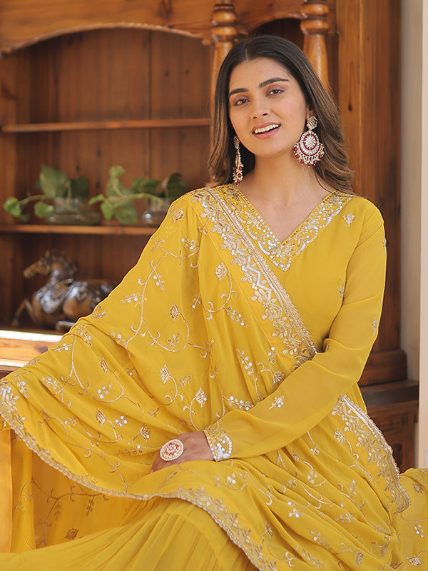 Yellow Faux Georgette with Embroidered Work Gown With Dupatta