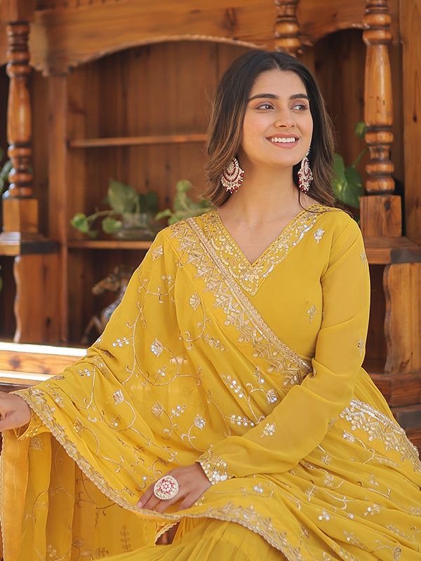 Yellow Faux Georgette with Embroidered Work Gown With Dupatta