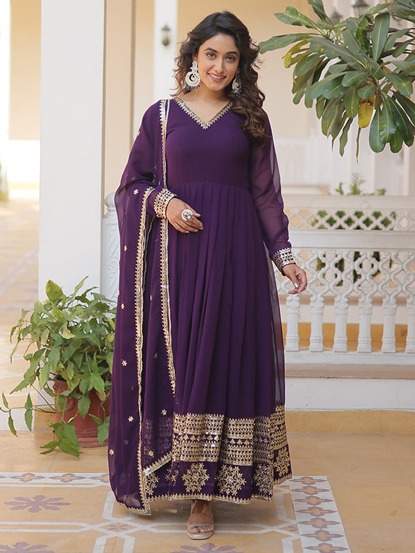 Purple Sequins Work Lace Border Gown With Dupatta