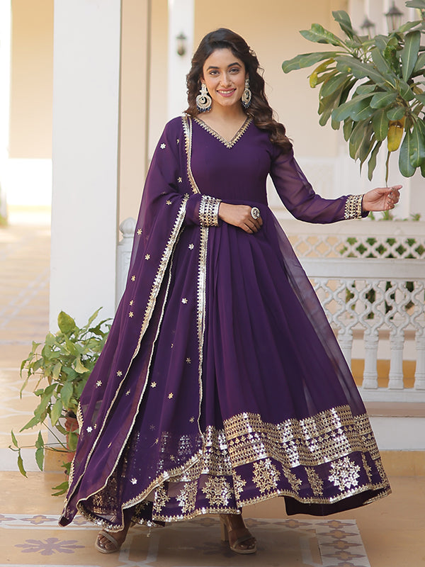 Purple Sequins Work Lace Border Gown With Dupatta