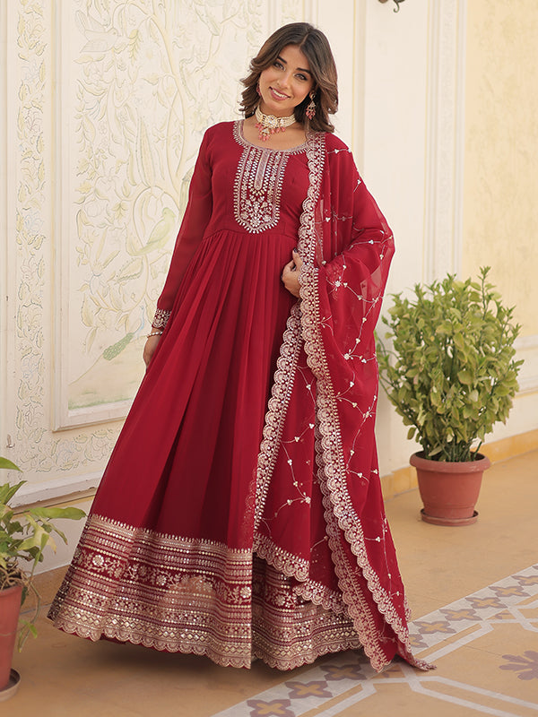 Maroon Faux Blooming Rich Sequins Embroidered Gown With Dupatta