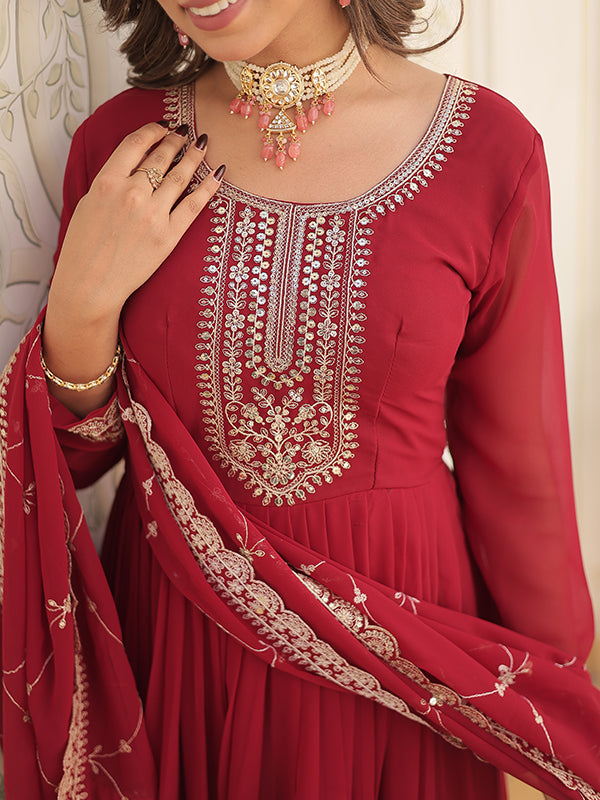 Maroon Faux Blooming Rich Sequins Embroidered Gown With Dupatta