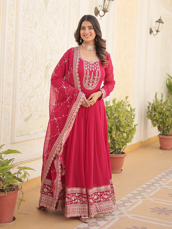 Pink Faux Blooming Rich Sequins Embroidered Gown With Dupatta