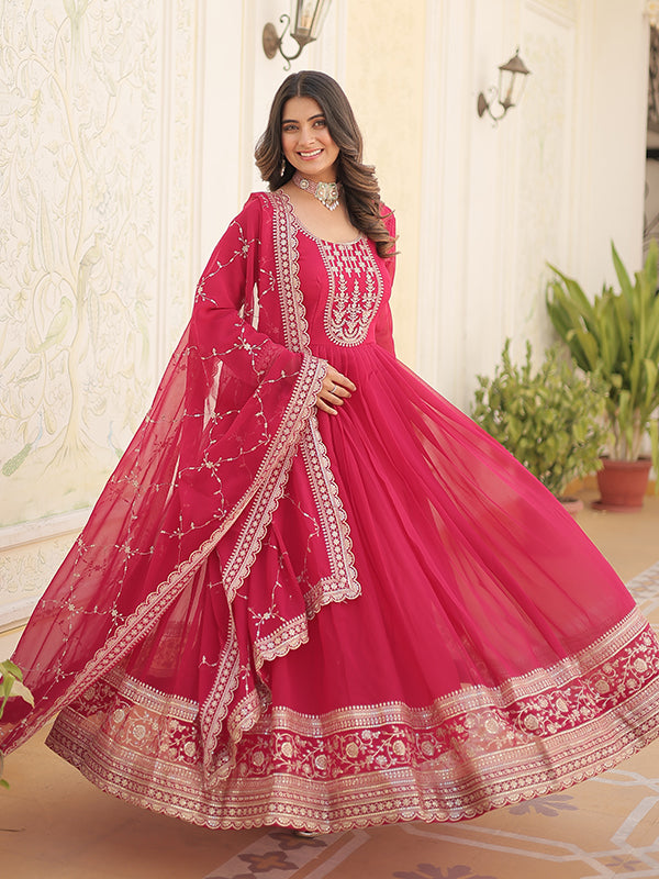 Pink Faux Blooming Rich Sequins Embroidered Gown With Dupatta