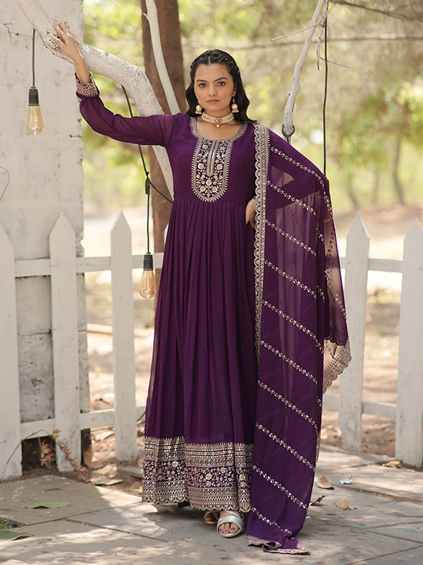 Purple Faux Blooming Rich Sequins Embroidered Gown With Dupatta