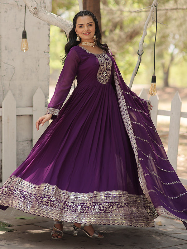 Purple Faux Blooming Rich Sequins Embroidered Gown With Dupatta