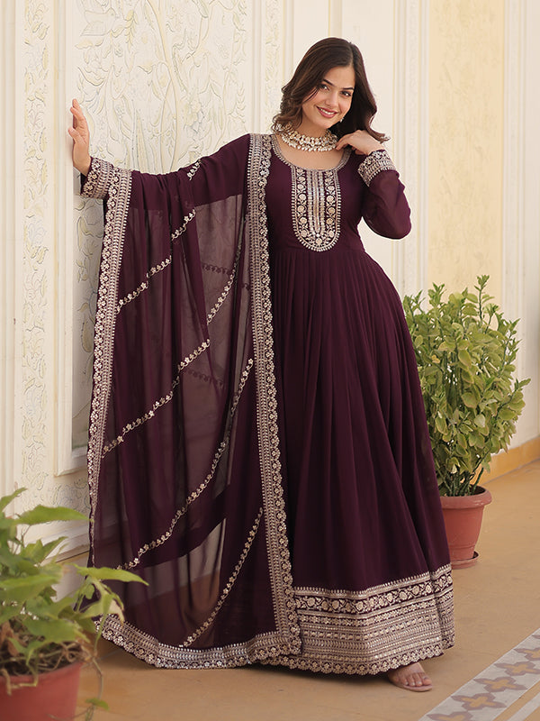 Wine Faux Blooming Rich Sequins Embroidered Gown With Dupatta