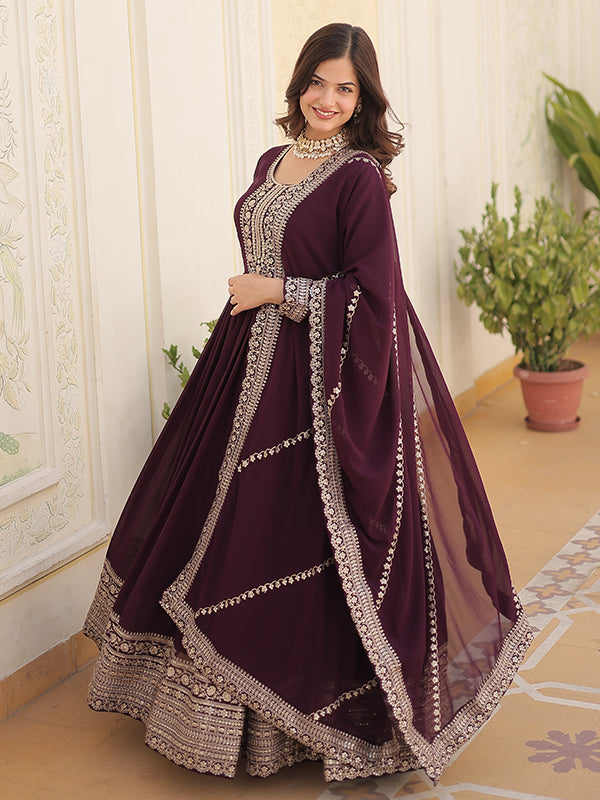 Wine Faux Blooming Rich Sequins Embroidered Gown With Dupatta