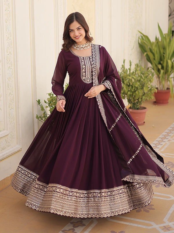 Wine Faux Blooming Rich Sequins Embroidered Gown With Dupatta