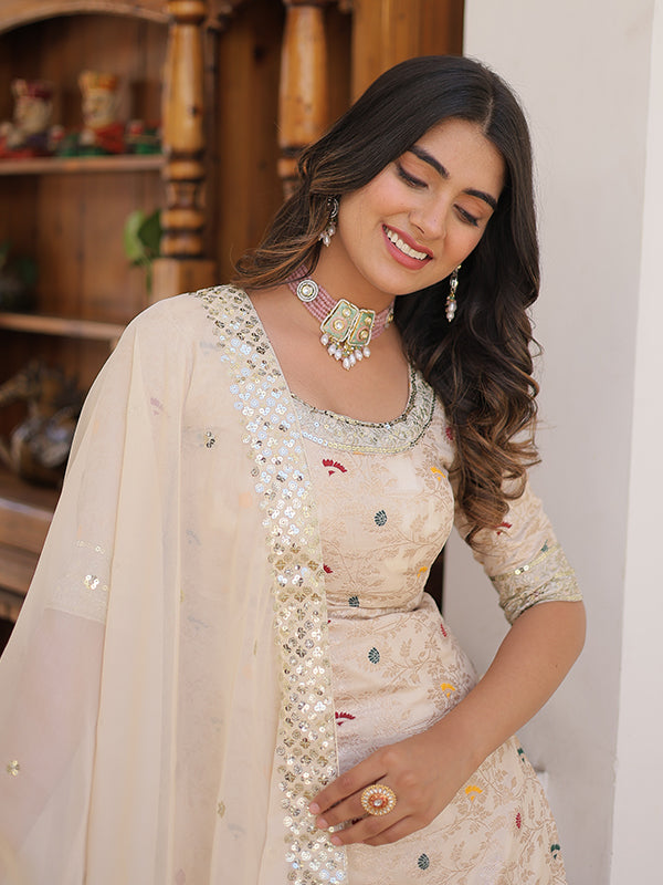 Beige Viscose Jacquerd Embroidered Kurta With Sharara & Dupatta