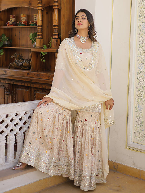 Beige Viscose Jacquerd Embroidered Kurta With Sharara & Dupatta