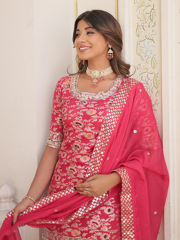 Pink Viscose Jacquard Embroidered Kurta With Sharara & Dupatta