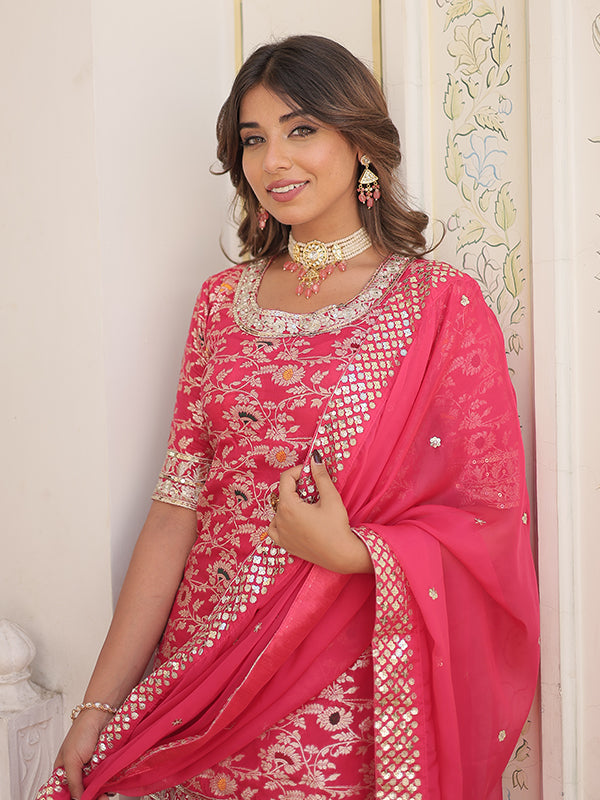 Pink Viscose Jacquard Embroidered Kurta With Sharara & Dupatta