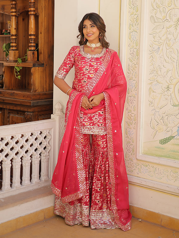 Pink Viscose Jacquard Embroidered Kurta With Sharara & Dupatta