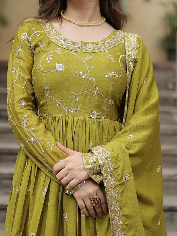 Olive Chinon Rich Sequins Embroidered Kurta With Sharara & Dupatta