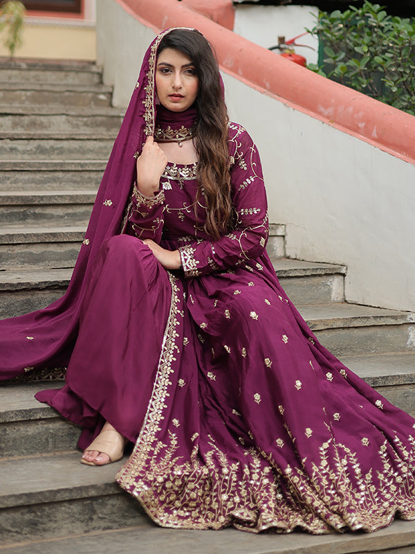 Wine Chinon Rich Sequins Embroidered Kurta With Sharara & Dupatta