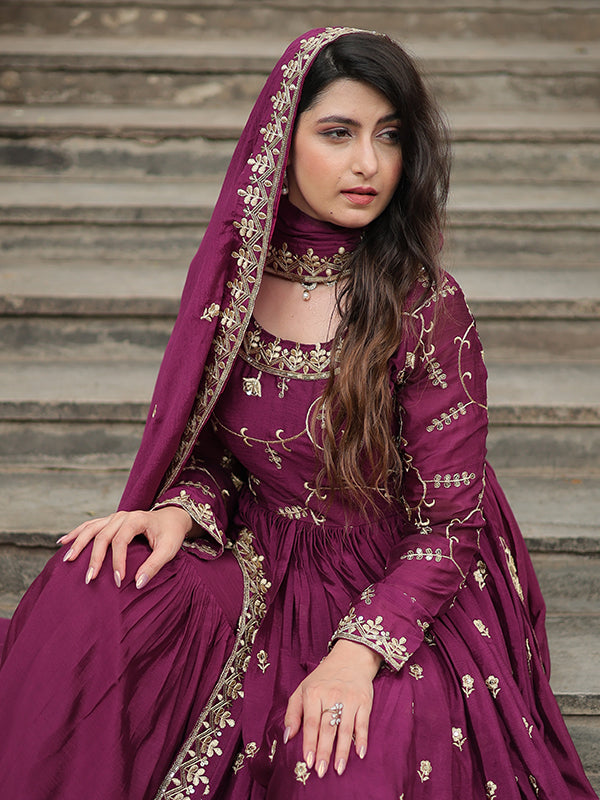 Wine Chinon Rich Sequins Embroidered Kurta With Sharara & Dupatta