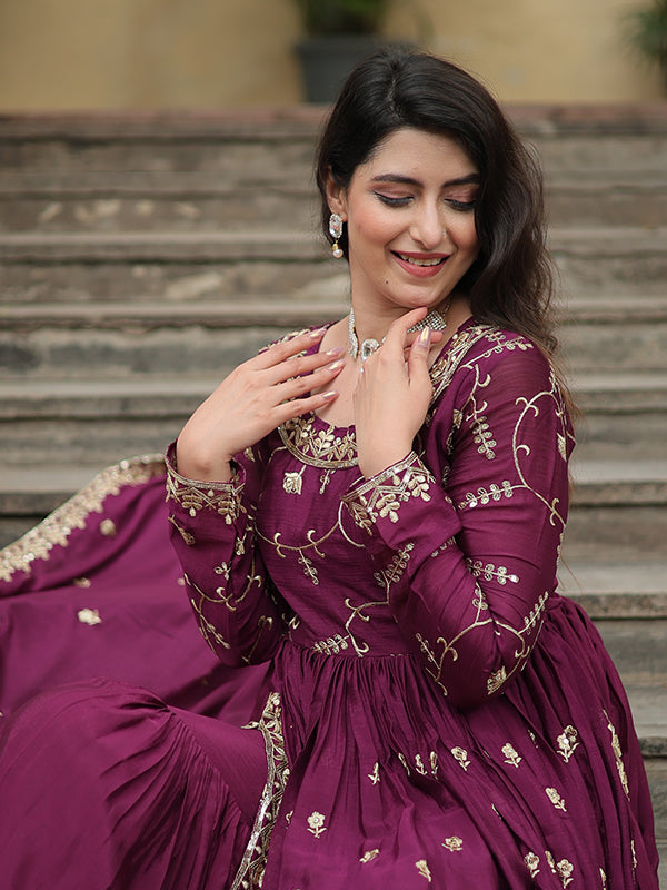 Wine Chinon Rich Sequins Embroidered Kurta With Sharara & Dupatta