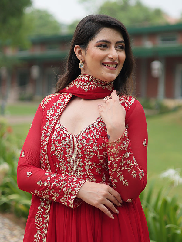 Red Faux Blooming Rich Sequins Embroidered Gown With Dupatta