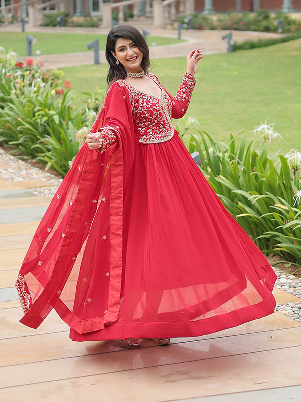 Red Faux Blooming Rich Sequins Embroidered Gown With Dupatta