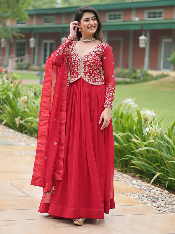 Red Faux Blooming Rich Sequins Embroidered Gown With Dupatta