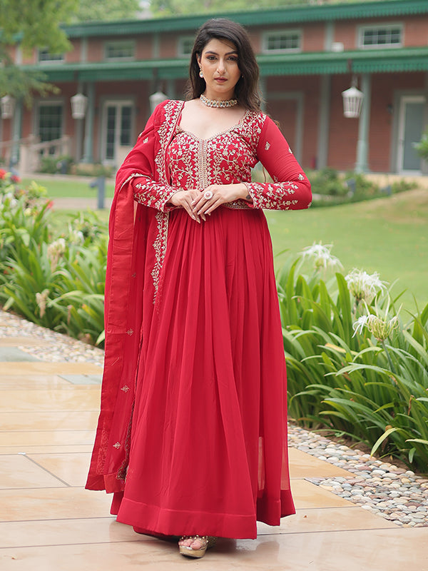 Red Faux Blooming Rich Sequins Embroidered Gown With Dupatta