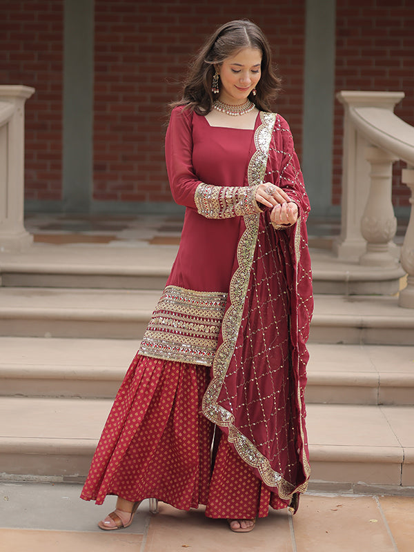 Gajari Faux Georgette Embroidered Kurta With Sharara & Dupatta