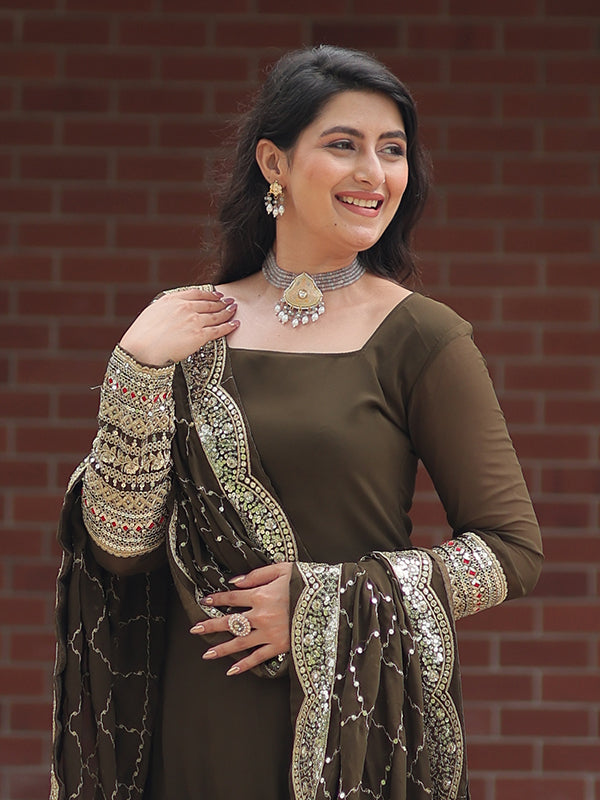 Mehndi Faux Georgette Embroidered Kurta With Sharara & Dupatta