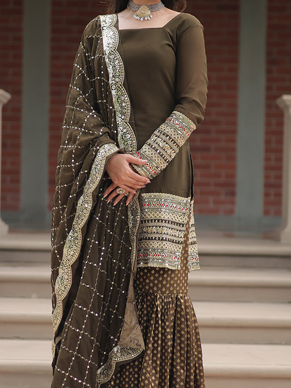 Mehndi Faux Georgette Embroidered Kurta With Sharara & Dupatta