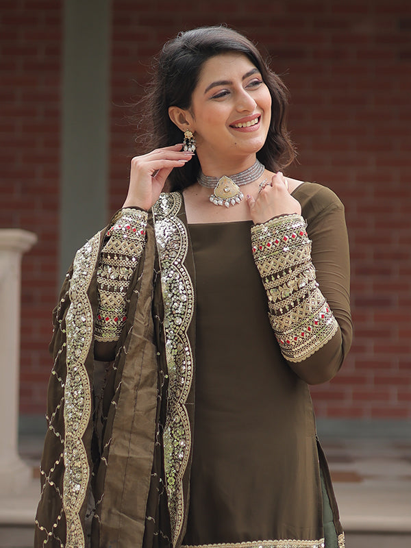 Mehndi Faux Georgette Embroidered Kurta With Sharara & Dupatta