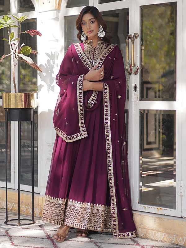 Wine Faux Georgette Rich Sequins Embroidered Gown With Dupatta