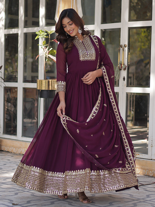 Wine Faux Georgette Rich Sequins Embroidered Gown With Dupatta