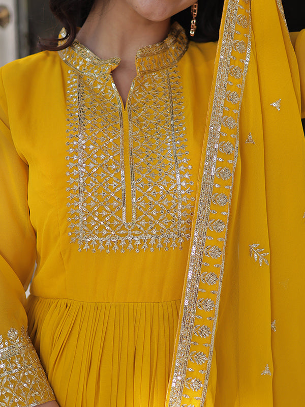 Yellow Faux Georgette Rich Sequins Embroidered Gown With Dupatta