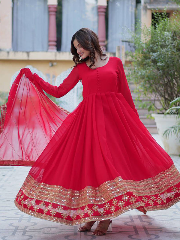 Red Faux Blooming Gown With Embroidered Work Dupatta