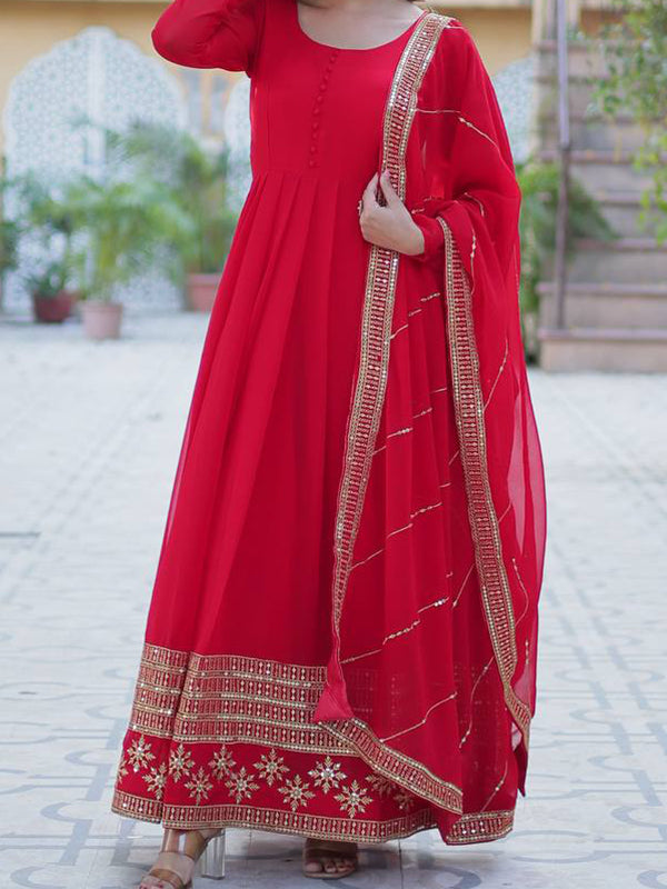 Red Faux Blooming Gown With Embroidered Work Dupatta