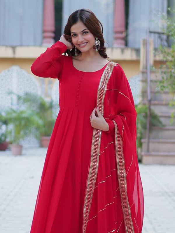 Red Faux Blooming Gown With Embroidered Work Dupatta