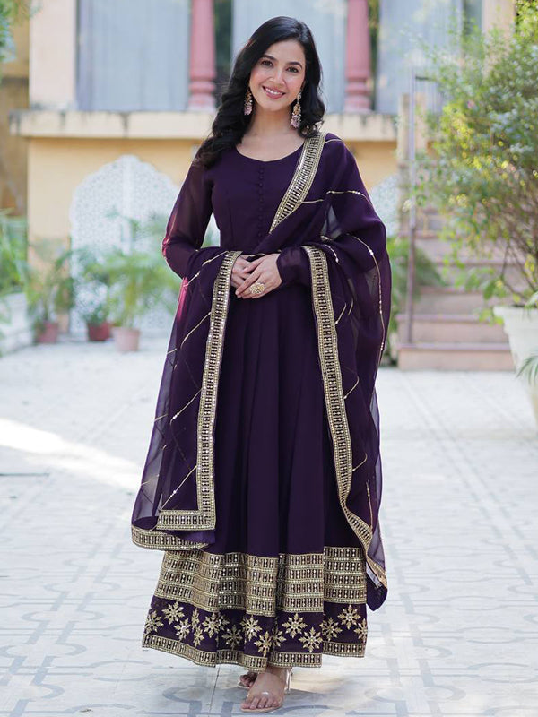 Purple Faux Blooming Gown With Embroidered Work Dupatta