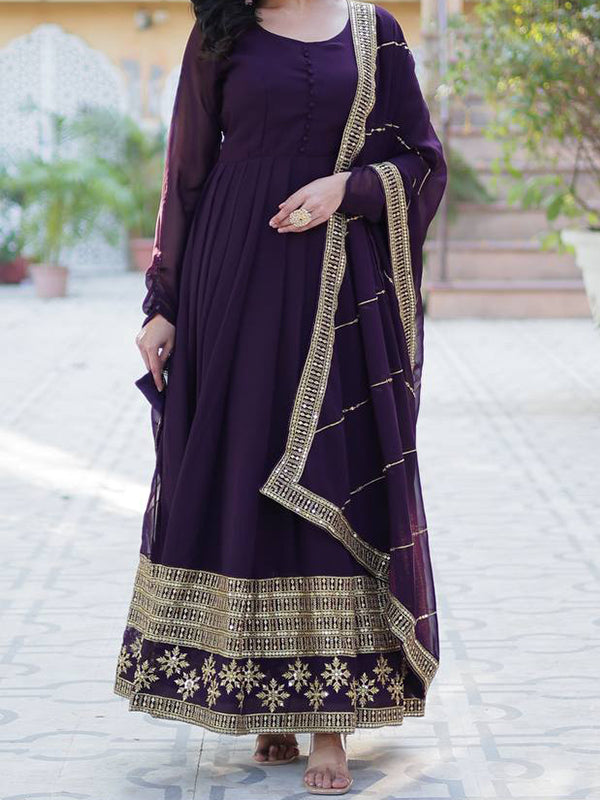 Purple Faux Blooming Gown With Embroidered Work Dupatta