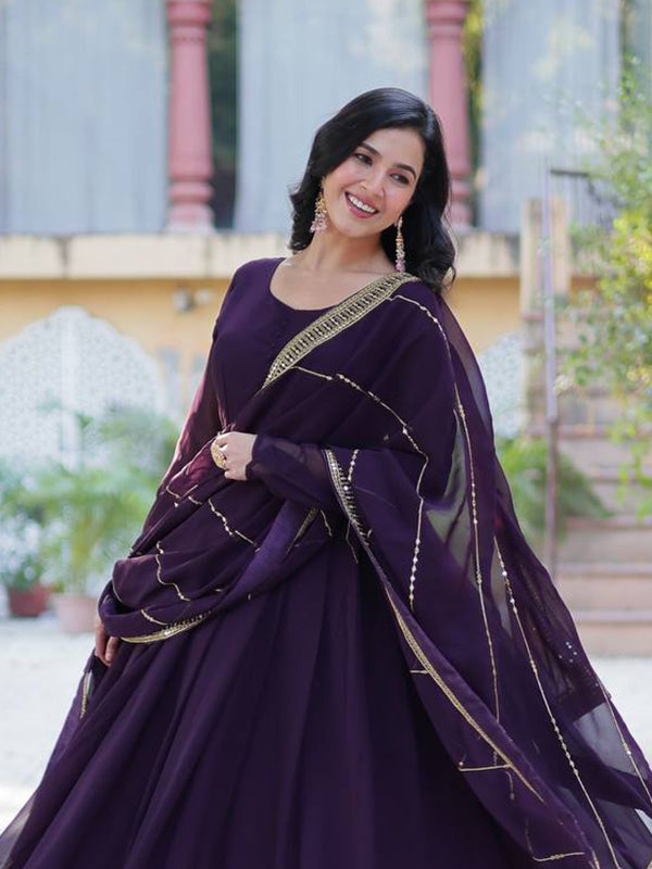 Purple Faux Blooming Gown With Embroidered Work Dupatta
