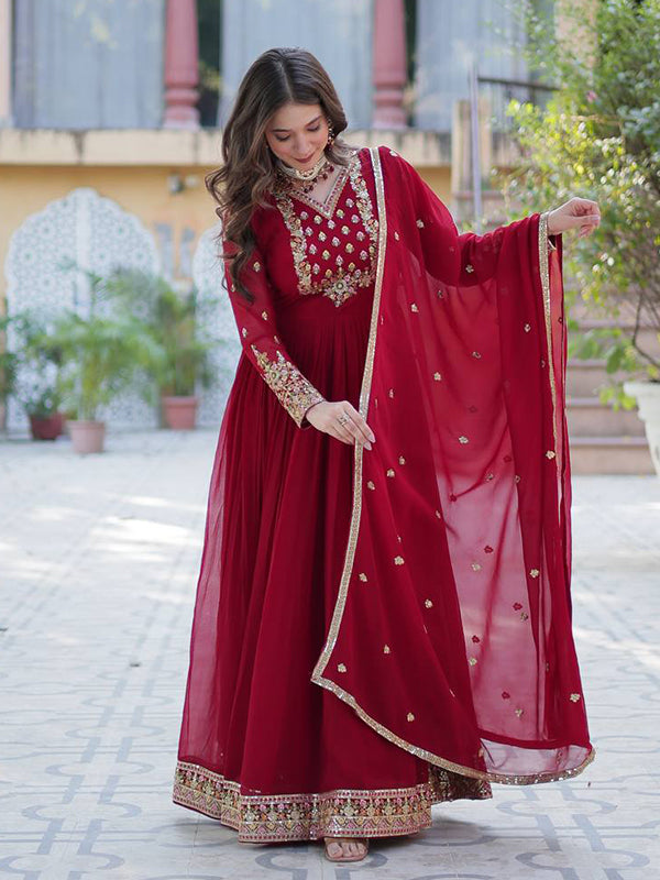 Maroon Georgette Sequins Embroidered Work Gown With Dupatta